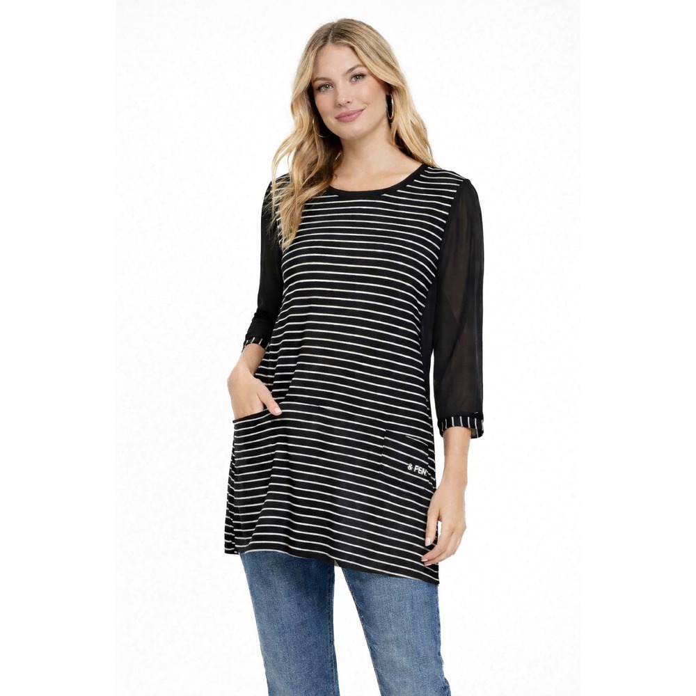 Unbranded Striped Women Size 138 Black White Sheer Sleeve Pocket Minimalist